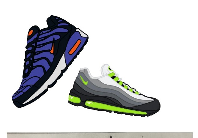 Two of Bayley's digitally illustrated trainer redesigns